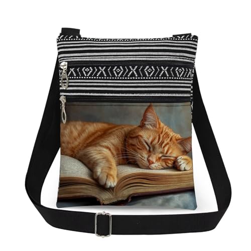 Orange Cat Book Print Crossbody Bag Birthday Holiday Present for Women & Adult Teens Sister Christmas Gift for Men Travel Adjustable Shoulder Strap Messenger Bag
