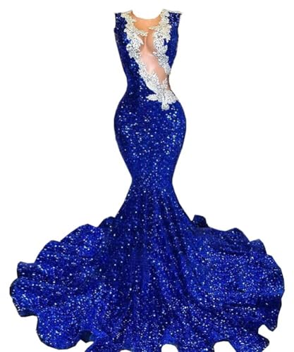 Women Off Shoulder Deep V Neck Sequined Dress Mermaid Prom Gown Formal Long Ball Dress Evening Cocktail Party Prom Gowns Royal Blue 12