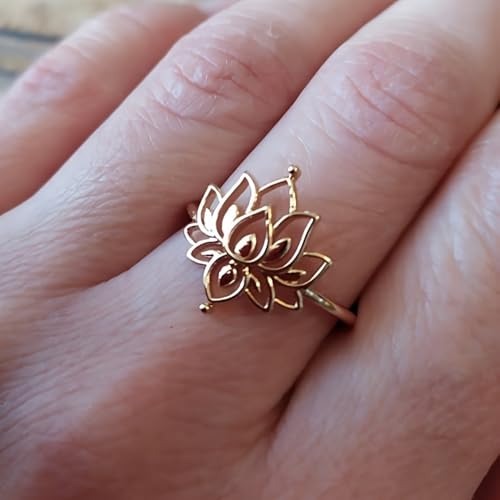 Gold Plated Cubic Zirconia Boho Vintage Lotus Flower Statement Ring Personalized Accessory Ideal for Women's Daily Casual Wear Party Holiday Anniversary Love Jewelry Gift
