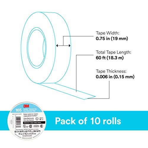 Image of 3M Temflex Vinyl Electrical Tape 165, 3 /4 in x 60 ft, White, 10 Roll Pack | Multi-Purpose, 19 mm x 18 m
