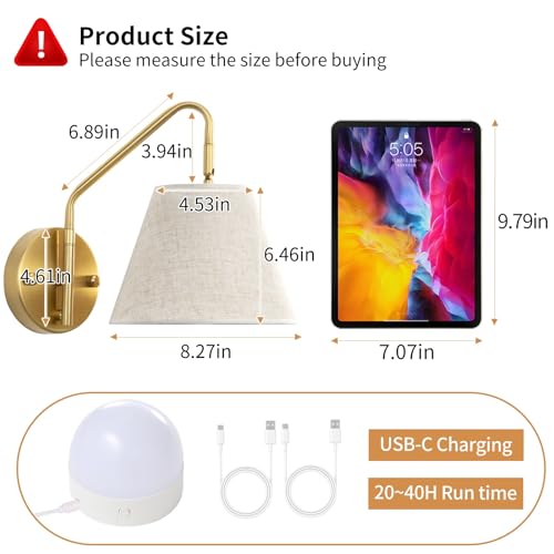 Image of Gold Wireless Wall Sconces Set of Two, Swing Arm Battery Wall Sconce, Battery Operated Wall Sconce with Remote, Battery Sconces with Linen Lampshade, Rechargeable Wall Lights for Living Room