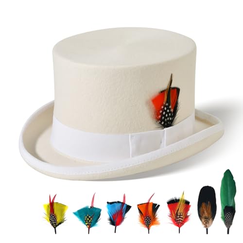 Willheoy Mens Top Hat for Women 100% Wool Black Felt Top Hat Costume with 7pcs Feather Party Dress Tophat Magician Hats (White 7 5/8)