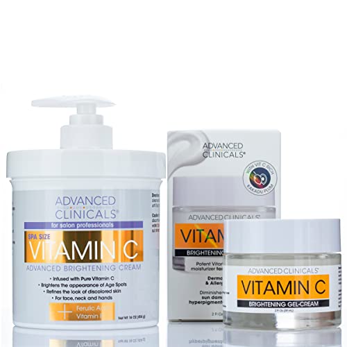 Advanced Clinicals Vitamin C Body Cream + Potent Vitamin C Face Lotion Brightening Skin Care Set, Anti Aging Dry Skin Rescue Creams Target Dry Skin, Sun Damaged Skin, Wrinkles, & Dark Spots, 2-PC Set
