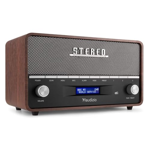 Audizio Corno Radio Digital Dab+ FM Vintage con Bluetooth, Despertador, batería, 20 presintonías, Pantalla LCD, Entrada AUX, Ideal para Cocina, Dormitorio o Uso portátil Gris