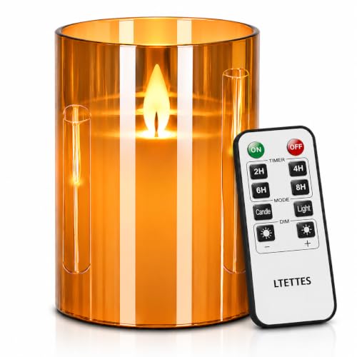 Image of LTETTES Real Wax Led Candle with Glass Cup | Flameless Flickering Wick | Amber Glass Finish | Battery Operated with Remote Controller | Decorative Candle for Home, Festival & Gifting | D-3 inch x H-4 inch