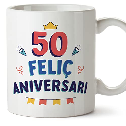 MUGFFINS Tazas 50 Cumpleaños   En Catalán   Feliç Aniversari!   11 oz / 330 ml   Regalo original y divertido