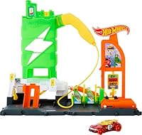 Hot Wheels City Track Set, Super Recharge Fuel Station Playset with EV Chargers & 1:64 Scale Toy Car