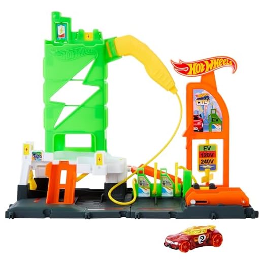 Hot Wheels City, Pista de Brinquedo Super Posto de Gasolina com Carregadores para Veículos Elétricos e 1 Carrinho de Brinquedo em Escala 1:64