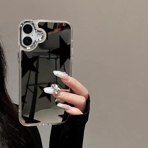 Coque iPhone 16 Plus miroir brillant étoiles noires cadeau idéal monture argentée
