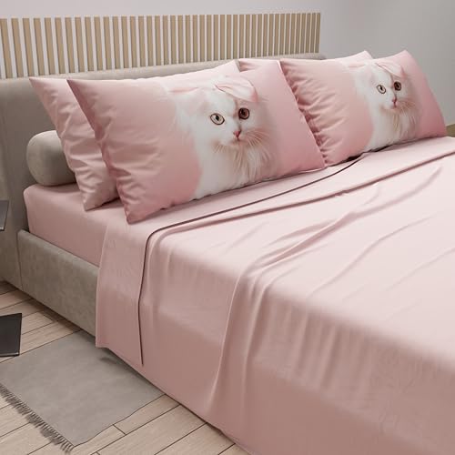 Petti Artigiani Italiani - Lenzuola Animali Con Gatti In Cotone Con Federe In Stampa Digitale, Lenzuola Matrimoniali Maxi, Completo Letto Matrimoniale Rosa, 100% Made In Italy - 2
