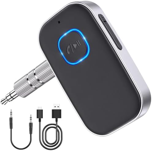 WOCBUY Bluetooth Car Adapter, 3.5mm AUX Bluetooth Receiver for Music Streaming, Wireless Music Audio Adapter with Built-in Mic, Home Stereo, Speakers (Handsfree Car Kits, 16H Playtime, Dual Link)