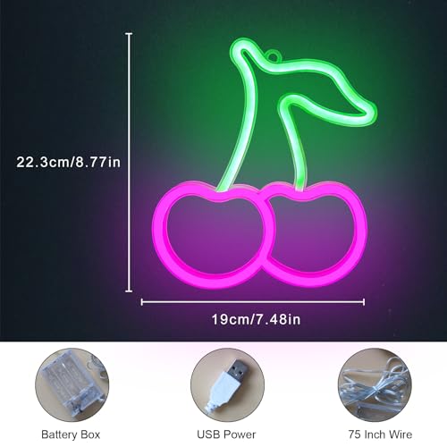 Image of Cherry Neon Sign Pink Green Cherries Neon Lights Cute Fruits LED Signs for Kids Room Restaurant Bar Fruit Shop USB Battery Neon Signs for Wall Decor