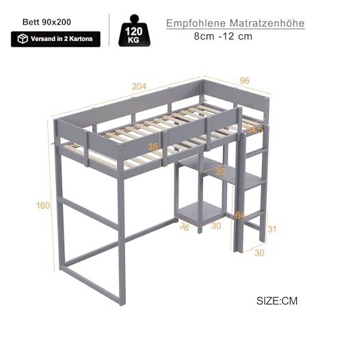 Cama alta de madera 90x200 gris para niños con estante integrado 3