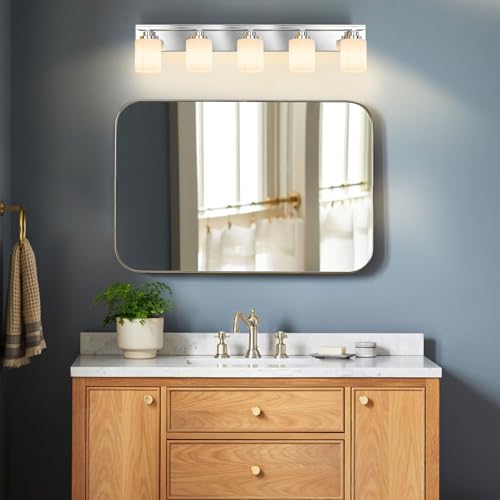 Image of Modern Bathroom Lighting Fixtures Over Mirror, Vanity Lights for Bathroom, Wall Sconces with Milky White Glass Shades, E26 Ceramic Socket, 5-Light 35.4-inch Chrome