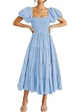 Murimia Women’s 2024 Summer Maxi Dress Square Neck Puff Sleeve Smocked Tiered Boho Beach Long Dresses, Light Blue, Medium