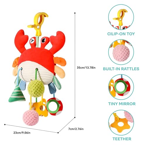 Image of Crab Plush Stroller Toy - Hanging Toys for Babies 0-6 Months, Sensory Rattle & Tummy Time Toys, Developmental Baby Toys for 3 to 12 Month Old