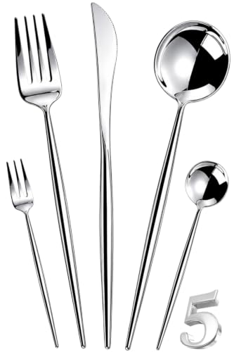 Image of Slim Handle Silver 5 Pcs Stainless Steel Cutlery Set for Dining Table, Dishwasher Safe Glossy Flatware (1 Spoon Set+1 Forks Set+1 Butter Knife+1 Dessert Spoon+ 1 Fruit Fork)