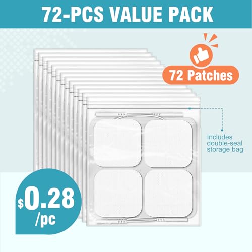 Image of 72PCS TENS Unit Pads (2 inchx2 inch), Reusable Self-Adhesive Electrodes Pads with 0.2mm Connector, Latex-Free, Hypoallergenic & Compatible with TENS /EMS