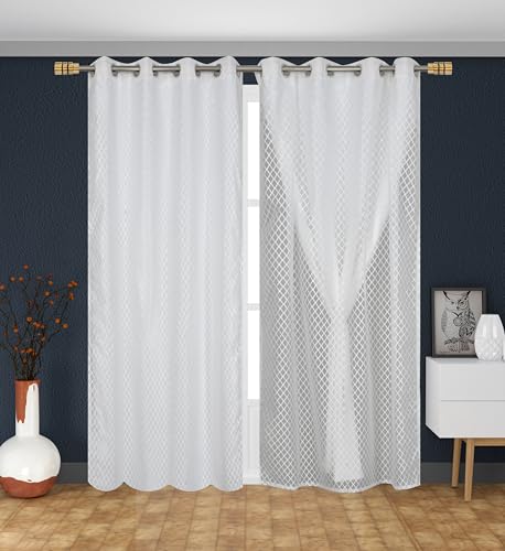 Image of IVAZA Faux Silk Hybrid Designer 100% Blackout Curtain 2-in-1 |Dual-Layer Design with Decorative Mesh Overlay & Tie Ribbon|100% Light Blocking,Thermal Insulated, Window- 5 Feet (Pack of 1) White