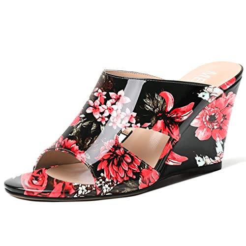 MERRORI Womens Patent Solid Party Sexy Open Toe Slip On Wedge High Heel Wedges Sandals 3.3 Inch