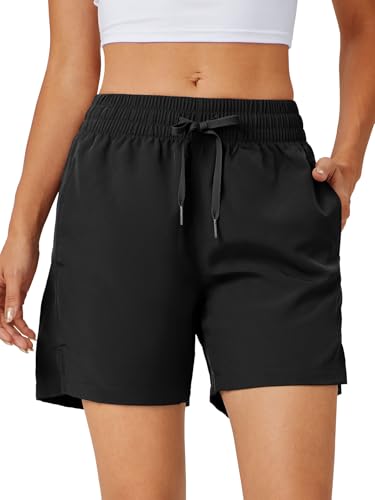REWKOY 5 Inch Womens Athletic Shorts Basic Gym Workout Shorts Quick Dry Lightweight Running Shorts with Pockets Black M