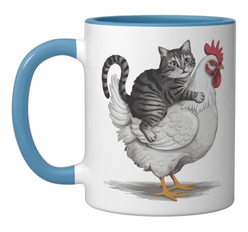 Taza de cerámica con diseño de gato y gallina azul/blanca miniatura 1