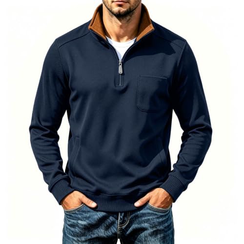 Elneeya Mens Long Sleeve Shirts Fleece Textured Retro Quarter Zip Pullover - image 6