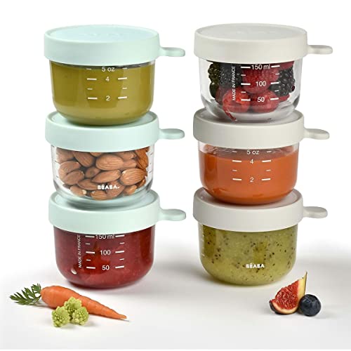 BÉABA, 6er-Set Glasbehälter, Made in France, Kinder-/Babynahrung, extra robust, temperaturbeständig, 100 % dicht, mit Skala, 150 ml, Dunkelblau/Hellgrau
