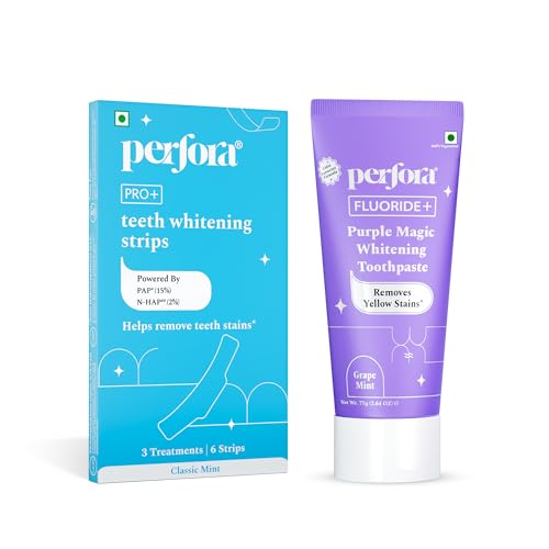 Image of Perfora Teeth Whitening Combo - Whitens Teeth in 1 Use | Enamel-Safe & Sensitivity-Free Oral Care Formula For Tooth Stain Removal | Purple Toothpaste-75gm & Teeth Whitening Strips - Pack of 3