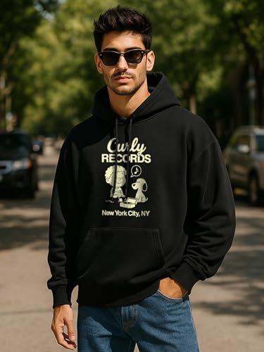 Image of Veirdo Polycotton Spun Oversized Fit Hooded Sweatshirt Full Sleeves Front Chest Graphic Printed Drop Shoulder Jumper Hoodie for Men (Colors: Blue, Black, Gray, Smoke Pine & Peach)