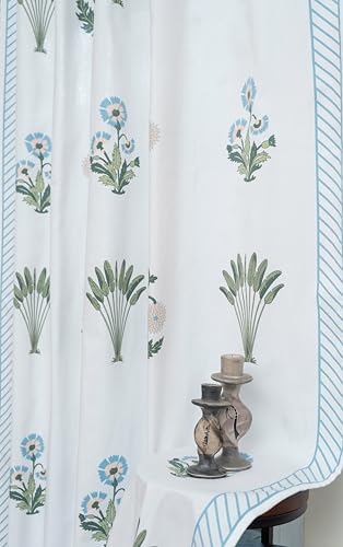 Image of Tranquebar Curtain Co. Cotton Curtains 8 Feet Long, 60-65% Room Darkening, Blue Ethnic Curtains Palms Print, 8 Feet Curtains, 8 Feet Curtains, BackTabs, Bagh (244 cm) - Set of 2