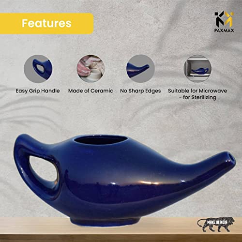 Image of PAXMAX Porcelain Ceramic Neti Pot for Sinus, Jal Neti pots for Nasal Cleansing, Nose congestion and Passages Jala kriya (Blue)