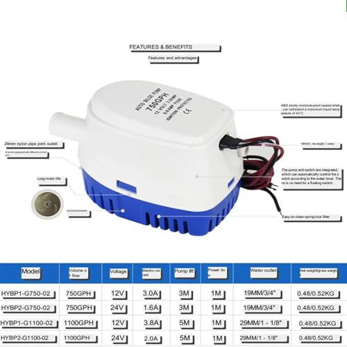 Pompe de cale de bateau 24 V automatique 1100 GPH contre l'eau de cale