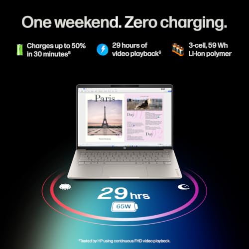 Image of HP OmniBook 5 OLED ● Intel Core Ultra 5 322 ● 45 TOPS● (16GB LPDDR5x,512GB SSD) ●2K 14'' /35.6cm ● Win11 ● Office24 ● Sahara Silver●1.3kg ●hh0099TU ●mini GaN Charger● Upto 29hrs battery life ●AI Laptop