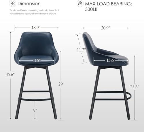 Image of Zesthouse Swivel Bar Stools Set of 4, 26 inch Modern Counter Height Bar Stools with Low Backs, Upholstered Faux Leather Bar Chairs for Kitchen Counter, Blue Island Chairs with Metal Legs