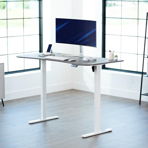 Image of VIVO Dark Gray 63 x 32 in Standing Desk, DESK-KIT-1W1G | Electric, Holds 220 lbs, Sit Stand Up, Height Adjustable, Home Office, Memory Presets, 1B Series, White Frame