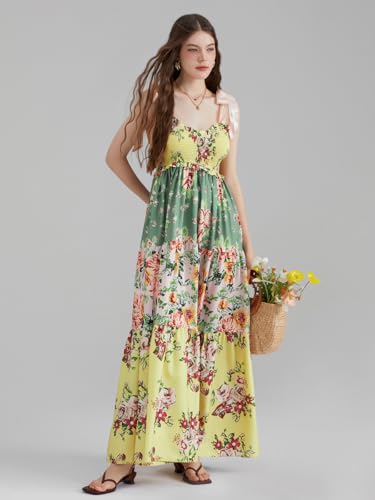 Image of Women Summer Floral Spaghetti Strap Dress Flowy Smocked Tie Up Boho Maxi Swing Dress Y2K Beach Sundress
