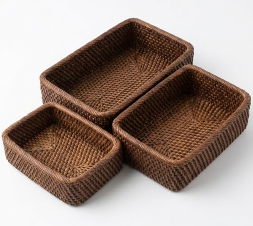 Image of Yangqihome Natural Rattan Storage Baskets, Rectangular Woven Fruit Baskets, Decorative Wicker Basket and Small Baskets for Organizing,Set of 3, (Brown)
