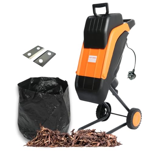 Lazy-Shred Electric Garden Chipper Shredder Mulcher - 50L Debris Bag - Adjustable 45mm Cutting Width - Steel Blades - Powerful 2500w Motor - Safety Push Stick - Tree Branch Leaf