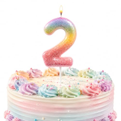 Image of Wanna Party Glitter Colorful 2nd Birthday Candle, Number 2 Cake Candle Cake Toppers for Girl Women, Glitter Colorful Themed Party Decorations Supplies Birthday Gifts