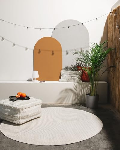 benuta Pop In- & Outdoor Teppich Mars - Creme rund 160 cm - Abstrakter Relief Wohnzimmerteppich - Leicht zu Reinigen - Strapazierfähig - Für Fußbodenheizung Geeignet