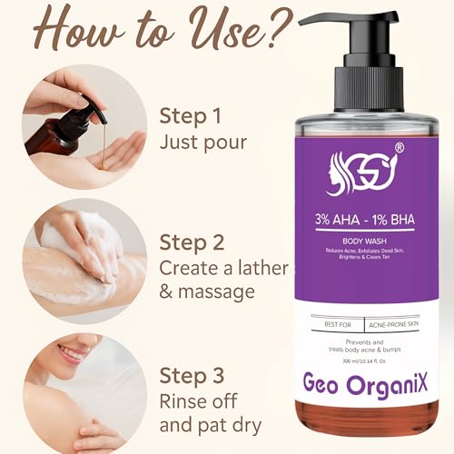 Image of AHA BHA Body Wash with 3% Lactic Acid, 1% Salicylic Acid & 1% Glycolic Acid | Exfoliating Body Cleanser for Dead Skin Removal, Acne & Body Bumps Care | Skin Brightening & Tan Removal | Paraben-Free, Non-Drying Formula | 300 ml, Pack of 1