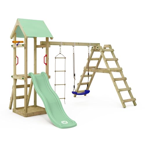 WICKEY Spielturm Klettergerüst TinyLoft mit Schaukel & Rutsche, Outdoor Kinder Kletterturm mit Sandkasten, Leiter & Spiel-Zubehör für den Garten (pastellgrün)