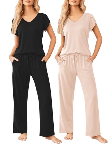 Image of Ekouaer 2 Pack Womens Pajamas Short Sleeve Sleepwear Top with Pants Super-Soft Printed Lounge Sets S-XXL