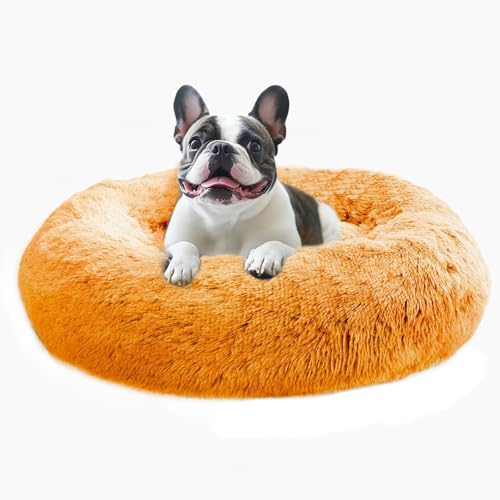 Image of JOLLYVOGUE Calming Dog Bed Medium Size Dog, 31in Donut Washable Medium Pet Bed, Anti-Slip & Anti-Anxiety Fluffy Faux Fur Round Dogs Bed, Fits up to 45 lbs Pets (Orange)