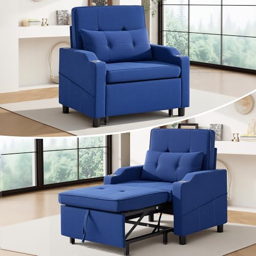 Image of Sleeper Chair 5-in-1 Convertible Chair Bed Pull Out Adjustable Single Armchair Sofa Bed with USB Ports,Side Pocket,Cup Holder (Blue)