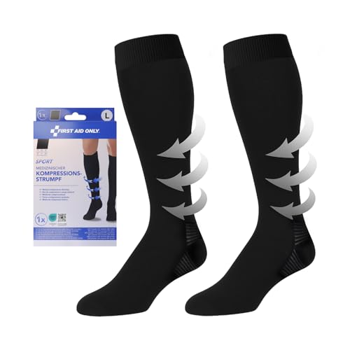 First Aid Only Medizinische Kompressionsstrümpfe SPORT Schwarz L | Stützstrümpfe Klasse I (15-21mmHg) unterstützen schonend bei Lipödem, Cellulite, Krampfadern | P-10085