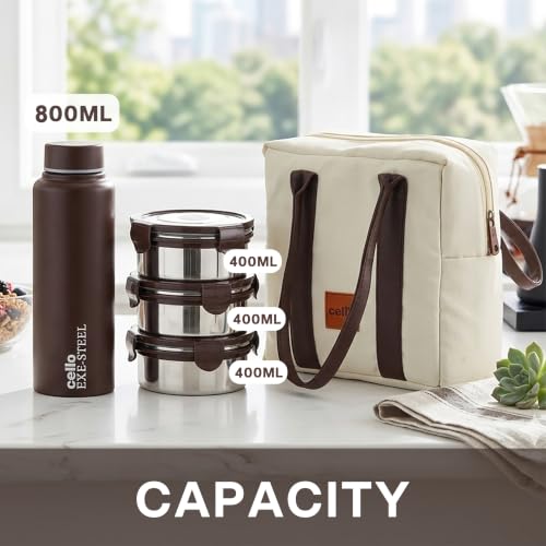 Image of CELLO Urban Bite Lunch Box with Bag for Office Use, White Brown | 3 x 400ml Stainless Steel Containers, 800ml Water Bottle with Fork & Spoon, Leak Proof Airtight Clip Steel Tiffin Box Set for Travel