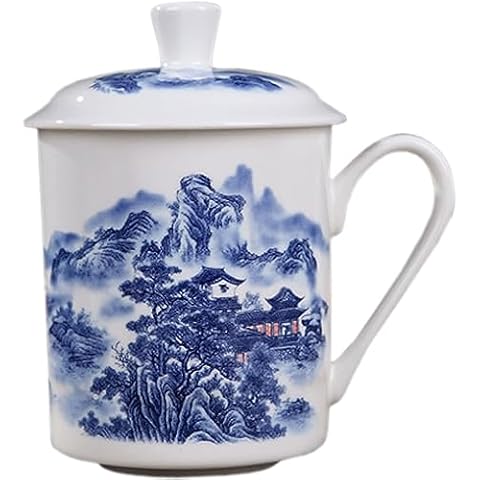 OMGREI Convenient Travel Home Office Chinese Gongfu Loose Leaf Tea/Coffee Brewing System- Bone China Porcelain Tea Cup/Coffee Cup/Tea Mug/Coffee Mug Personal Teacup with Tea Cup Lid (Mountain Pattern) Cover