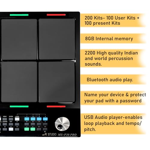 Image of M Studio MSP30 Pro Electronic Drum Pad with 8 Velocity-Sensitive Pads, LCD Display, Built-In Sounds & MIDI Controller - Portable Digital Drum Kit (Black)